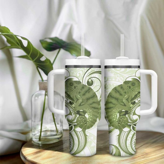 Green And White Hawaii Chameleon Plumeria Polynesian Tribal Art Custom Stanley Quencher 40Oz Stainless Steel Tumbler With Handle - Image 9