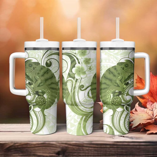 Green And White Hawaii Chameleon Plumeria Polynesian Tribal Art Custom Stanley Quencher 40Oz Stainless Steel Tumbler With Handle - Image 4