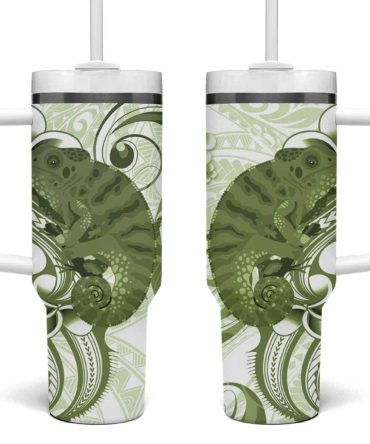 Green And White Hawaii Chameleon Plumeria Polynesian Tribal Art Custom Stanley Quencher 40Oz Stainless Steel Tumbler With Handle