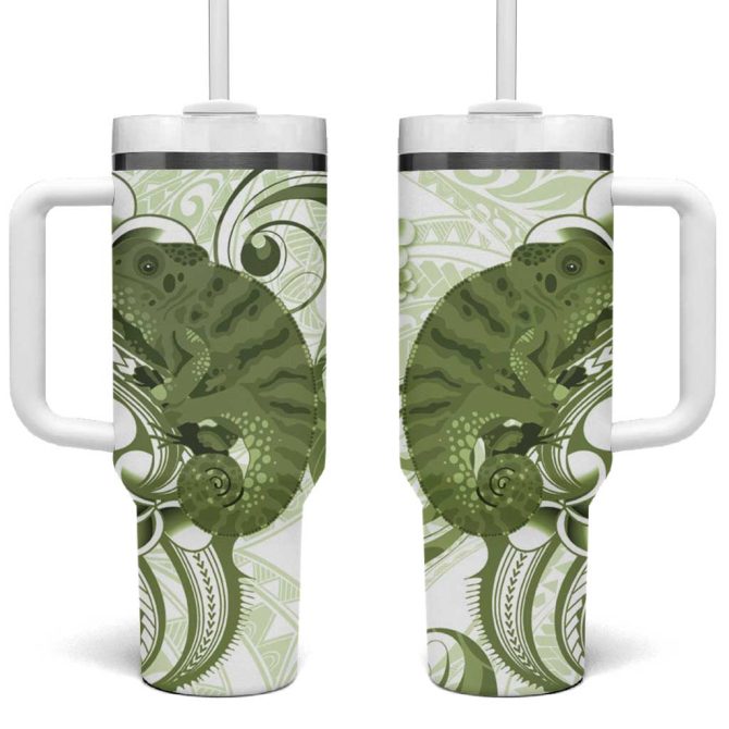 Green And White Hawaii Chameleon Plumeria Polynesian Tribal Art Custom Stanley Quencher 40Oz Stainless Steel Tumbler With Handle