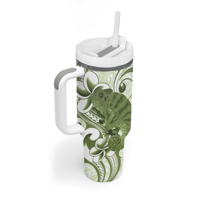 Green And White Hawaii Chameleon Plumeria Polynesian Tribal Art Custom Stanley Quencher 40Oz Stainless Steel Tumbler With Handle - Image 2
