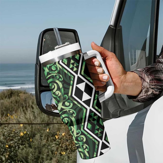 Green Aotearoa Taniko Motifs With Paua Shell Kowhaiwhai Custom Stanley Quencher 40Oz Stainless Steel Tumbler With Handle - Image 7