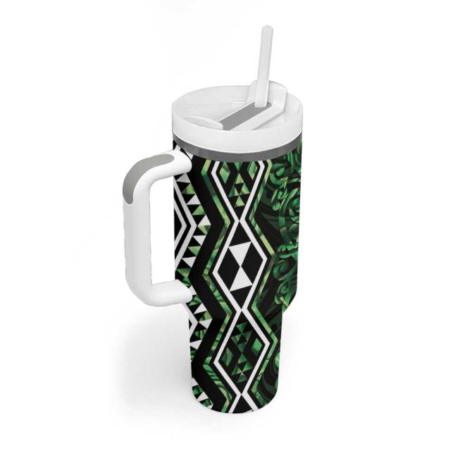 Green Aotearoa Taniko Motifs With Paua Shell Kowhaiwhai Custom Stanley Quencher 40Oz Stainless Steel Tumbler With Handle - Image 2