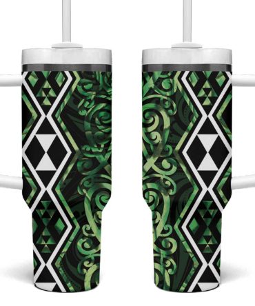 Green Aotearoa Taniko Motifs With Paua Shell Kowhaiwhai Custom Stanley Quencher 40Oz Stainless Steel Tumbler With Handle