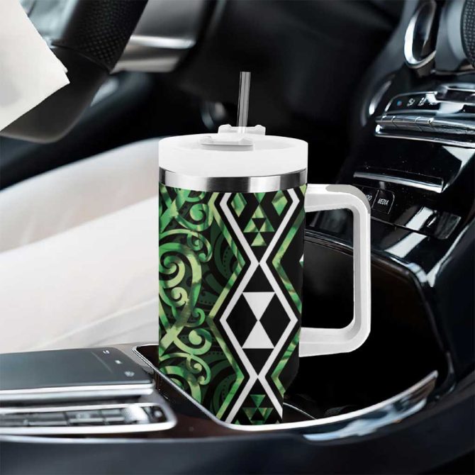 Green Aotearoa Taniko Motifs With Paua Shell Kowhaiwhai Custom Stanley Quencher 40Oz Stainless Steel Tumbler With Handle - Image 8