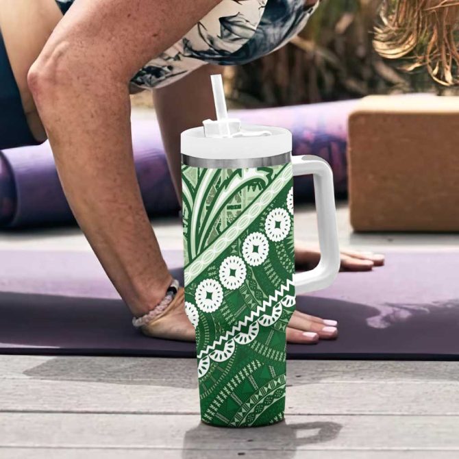 Green Bula Fiji Fijian Language Week Tapa Cloth Pastel Custom Stanley Quencher 40Oz Stainless Steel Tumbler With Handle - Image 6