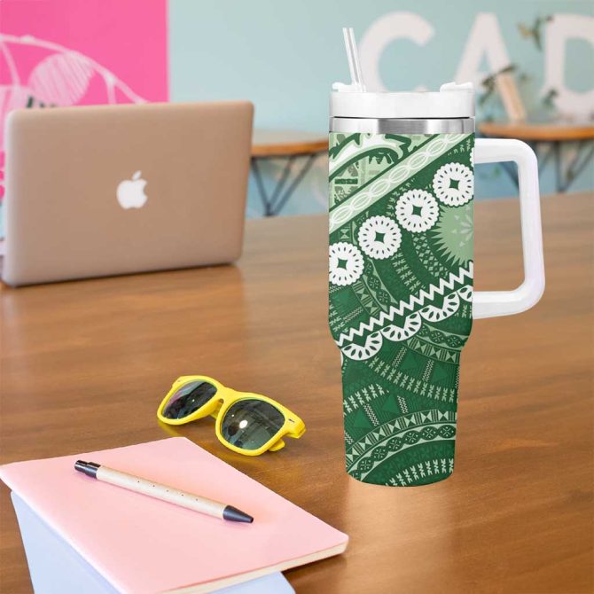 Green Bula Fiji Fijian Language Week Tapa Cloth Pastel Custom Stanley Quencher 40Oz Stainless Steel Tumbler With Handle - Image 5
