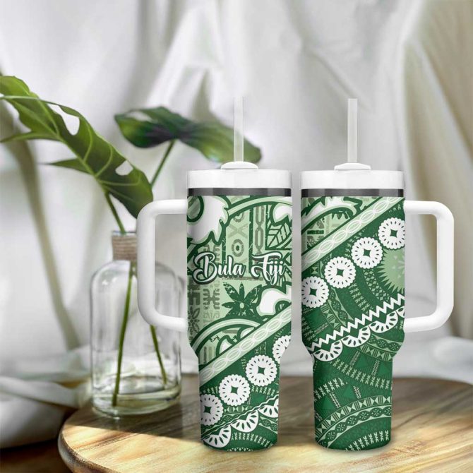 Green Bula Fiji Fijian Language Week Tapa Cloth Pastel Custom Stanley Quencher 40Oz Stainless Steel Tumbler With Handle - Image 9