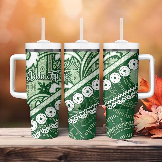 Green Bula Fiji Fijian Language Week Tapa Cloth Pastel Custom Stanley Quencher 40Oz Stainless Steel Tumbler With Handle - Image 4