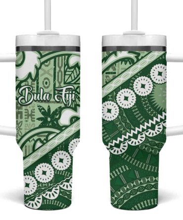 Green Bula Fiji Fijian Language Week Tapa Cloth Pastel Custom Stanley Quencher 40Oz Stainless Steel Tumbler With Handle