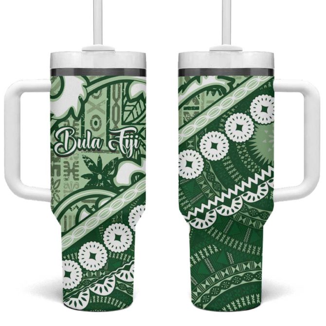 Green Bula Fiji Fijian Language Week Tapa Cloth Pastel Custom Stanley Quencher 40Oz Stainless Steel Tumbler With Handle