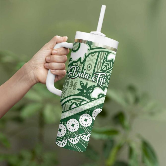 Green Bula Fiji Fijian Language Week Tapa Cloth Pastel Custom Stanley Quencher 40Oz Stainless Steel Tumbler With Handle - Image 3