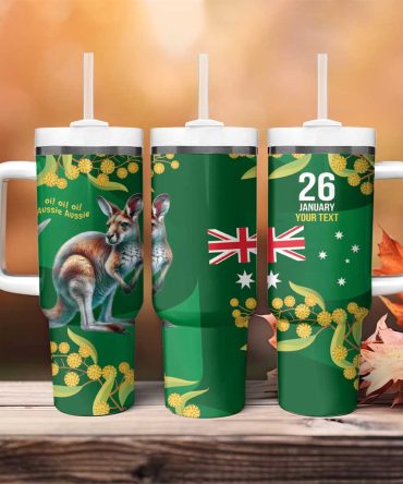 Green Kangaroo And Golden Wattle Happy Australia Day 6 January Custom Stanley Quencher 40Oz Stainless Steel Tumbler With Handle