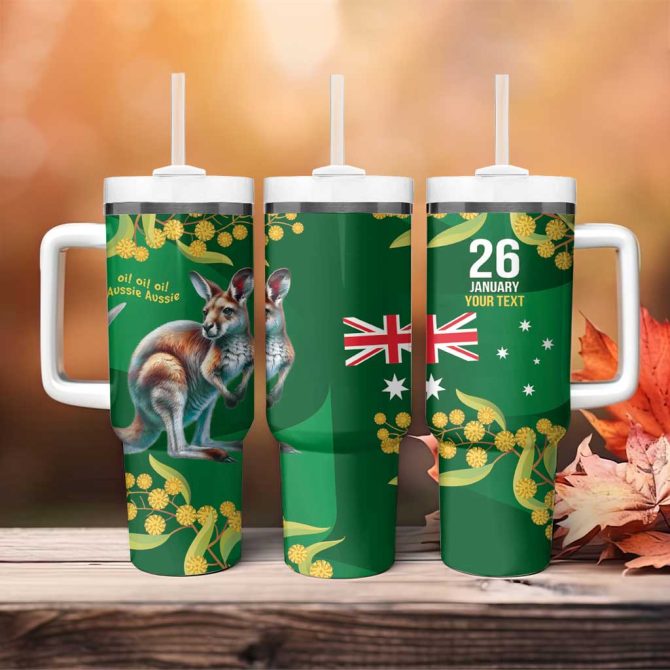 Green Kangaroo And Golden Wattle Happy Australia Day 6 January Custom Stanley Quencher 40Oz Stainless Steel Tumbler With Handle