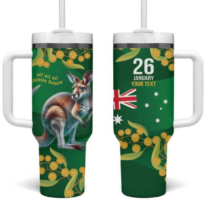 Green Kangaroo And Golden Wattle Happy Australia Day 6 January Custom Stanley Quencher 40Oz Stainless Steel Tumbler With Handle - Image 2