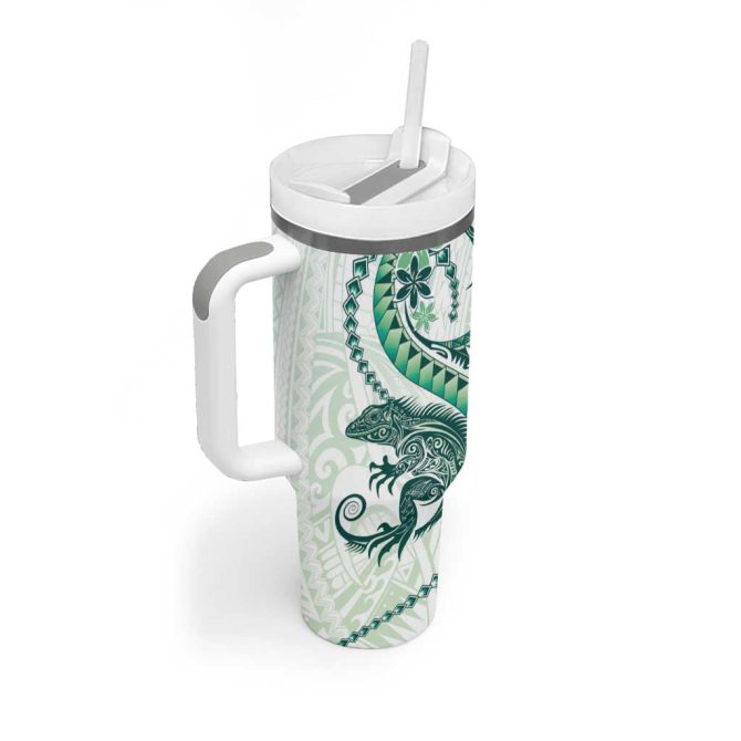 Green Maori Tuatara Luxury Pastel Custom Stanley Quencher 40Oz Stainless Steel Tumbler With Handle - Image 2