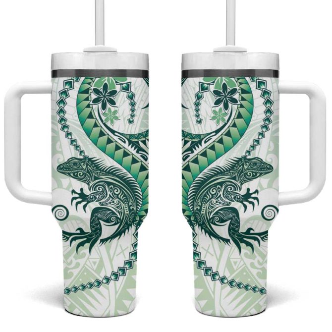 Green Maori Tuatara Luxury Pastel Custom Stanley Quencher 40Oz Stainless Steel Tumbler With Handle