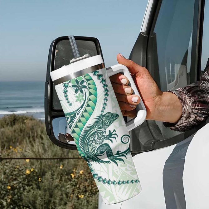 Green Maori Tuatara Luxury Pastel Custom Stanley Quencher 40Oz Stainless Steel Tumbler With Handle - Image 7