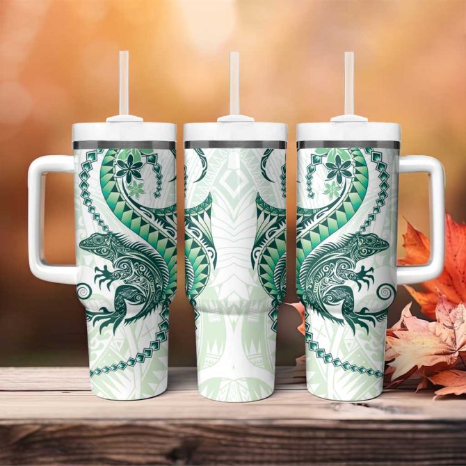Green Maori Tuatara Luxury Pastel Custom Stanley Quencher 40Oz Stainless Steel Tumbler With Handle - Image 4