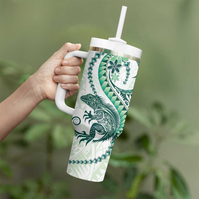 Green Maori Tuatara Luxury Pastel Custom Stanley Quencher 40Oz Stainless Steel Tumbler With Handle - Image 3