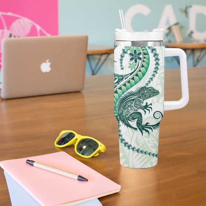 Green Maori Tuatara Luxury Pastel Custom Stanley Quencher 40Oz Stainless Steel Tumbler With Handle - Image 5