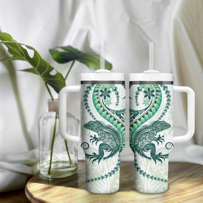 Green Maori Tuatara Luxury Pastel Custom Stanley Quencher 40Oz Stainless Steel Tumbler With Handle - Image 9
