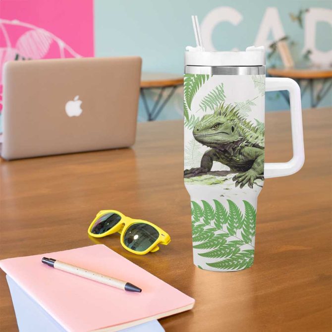 Green New Zealand Tuatara Aotearoa Sphenodon Punctatus Silver Fern Custom Stanley Quencher 40Oz Stainless Steel Tumbler With Handle - Image 5