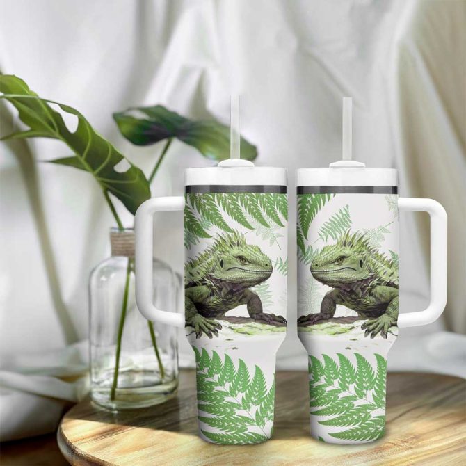 Green New Zealand Tuatara Aotearoa Sphenodon Punctatus Silver Fern Custom Stanley Quencher 40Oz Stainless Steel Tumbler With Handle - Image 9