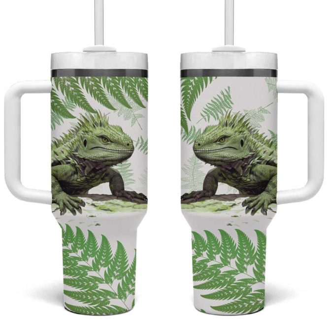 Green New Zealand Tuatara Aotearoa Sphenodon Punctatus Silver Fern Custom Stanley Quencher 40Oz Stainless Steel Tumbler With Handle - Image 2
