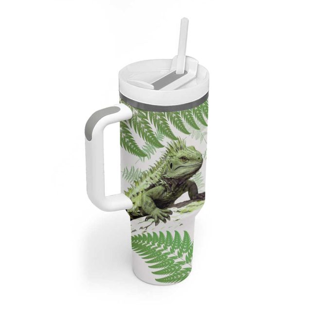 Green New Zealand Tuatara Aotearoa Sphenodon Punctatus Silver Fern Custom Stanley Quencher 40Oz Stainless Steel Tumbler With Handle - Image 3