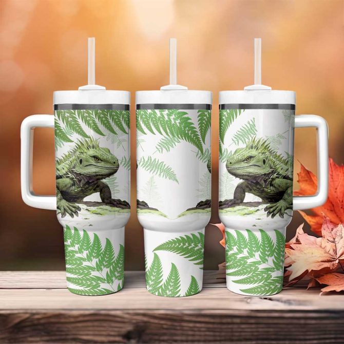 Green New Zealand Tuatara Aotearoa Sphenodon Punctatus Silver Fern Custom Stanley Quencher 40Oz Stainless Steel Tumbler With Handle