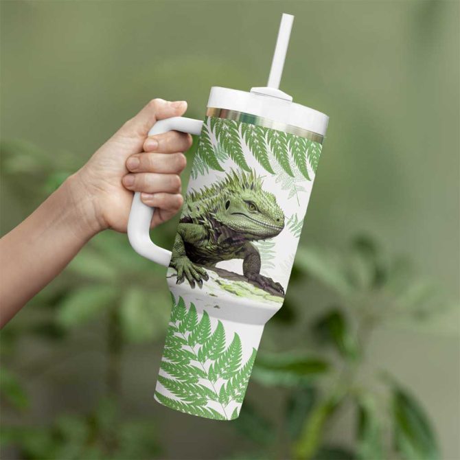 Green New Zealand Tuatara Aotearoa Sphenodon Punctatus Silver Fern Custom Stanley Quencher 40Oz Stainless Steel Tumbler With Handle - Image 4
