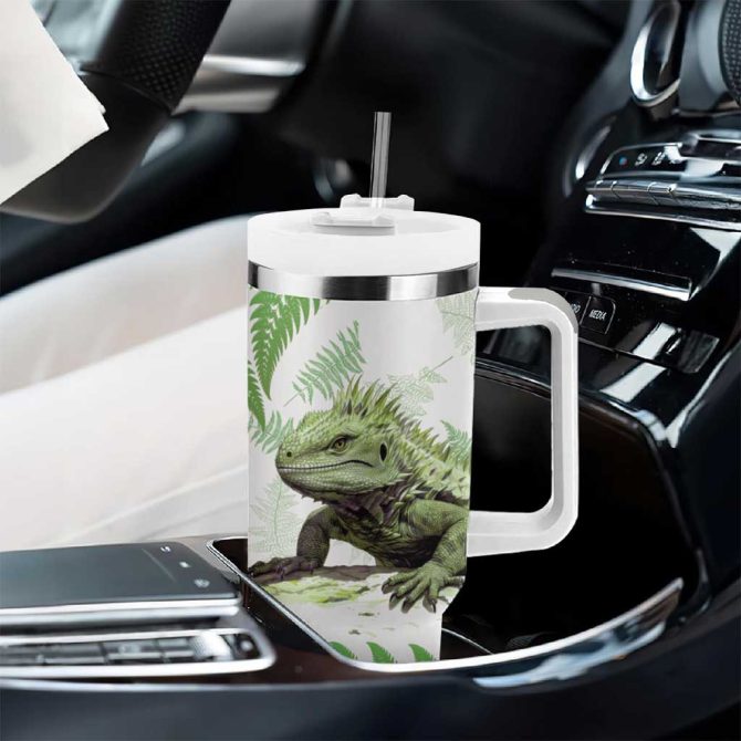 Green New Zealand Tuatara Aotearoa Sphenodon Punctatus Silver Fern Custom Stanley Quencher 40Oz Stainless Steel Tumbler With Handle - Image 8