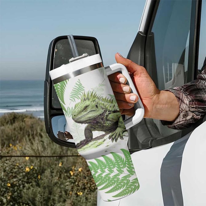 Green New Zealand Tuatara Aotearoa Sphenodon Punctatus Silver Fern Custom Stanley Quencher 40Oz Stainless Steel Tumbler With Handle - Image 7