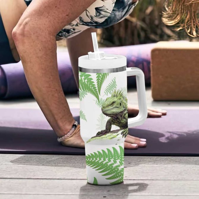 Green New Zealand Tuatara Aotearoa Sphenodon Punctatus Silver Fern Custom Stanley Quencher 40Oz Stainless Steel Tumbler With Handle - Image 6