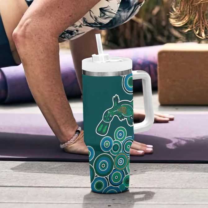 Green Platypus Aboriginal Art Custom Stanley Quencher 40Oz Stainless Steel Tumbler With Handle - Image 6