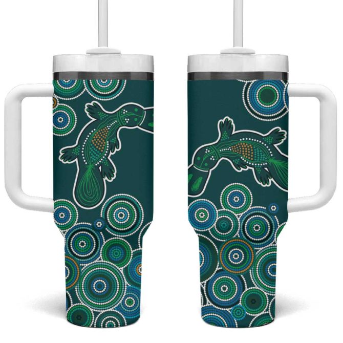 Green Platypus Aboriginal Art Custom Stanley Quencher 40Oz Stainless Steel Tumbler With Handle - Image 2