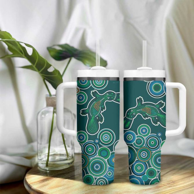 Green Platypus Aboriginal Art Custom Stanley Quencher 40Oz Stainless Steel Tumbler With Handle - Image 9