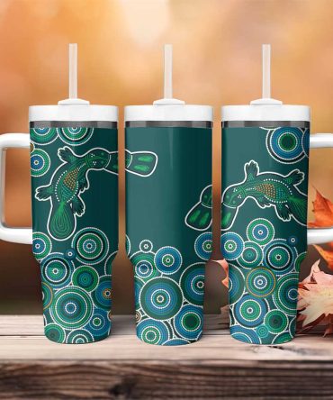 Green Platypus Aboriginal Art Custom Stanley Quencher 40Oz Stainless Steel Tumbler With Handle