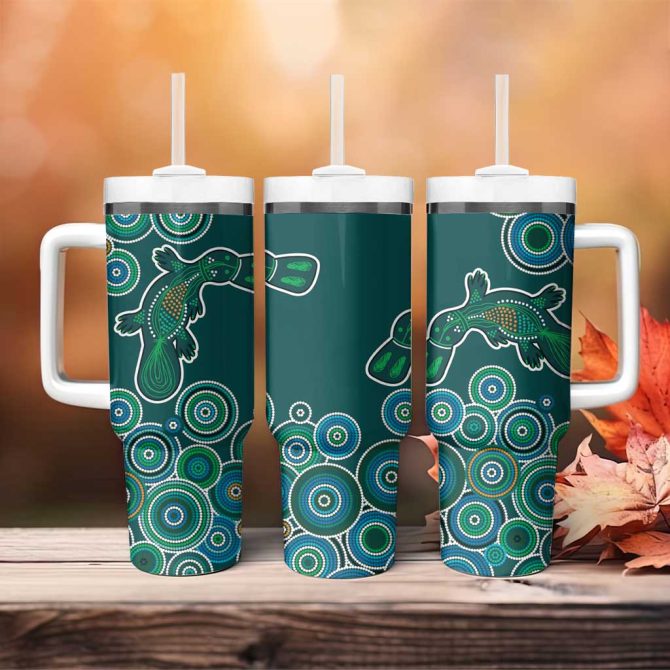 Green Platypus Aboriginal Art Custom Stanley Quencher 40Oz Stainless Steel Tumbler With Handle