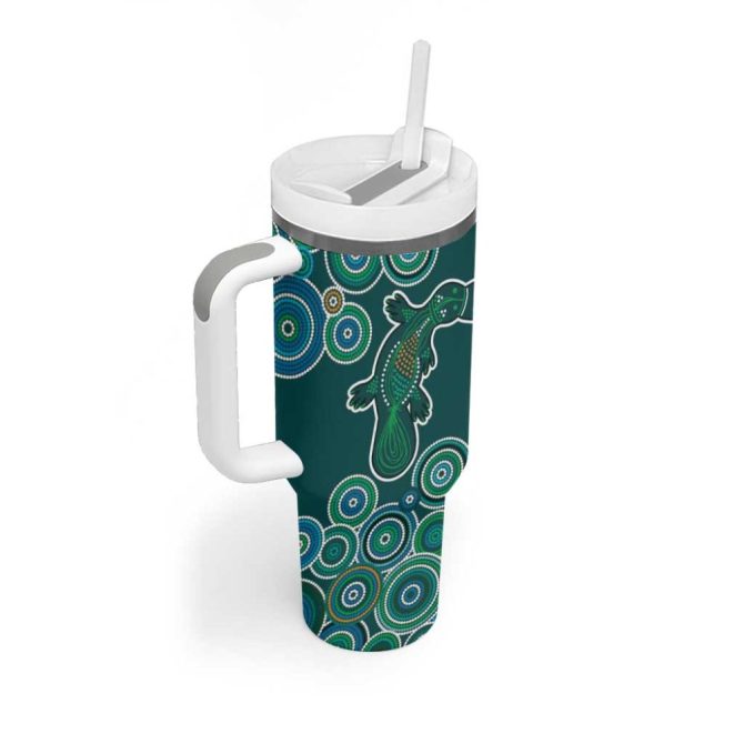 Green Platypus Aboriginal Art Custom Stanley Quencher 40Oz Stainless Steel Tumbler With Handle - Image 3