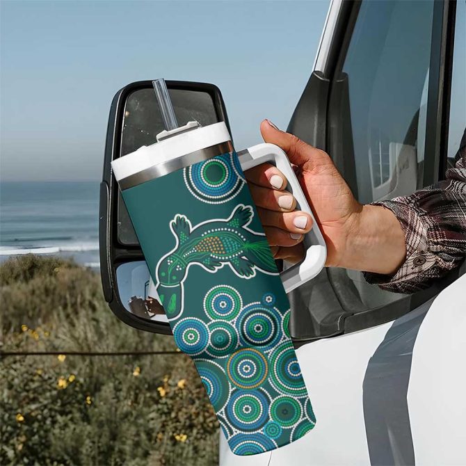Green Platypus Aboriginal Art Custom Stanley Quencher 40Oz Stainless Steel Tumbler With Handle - Image 7