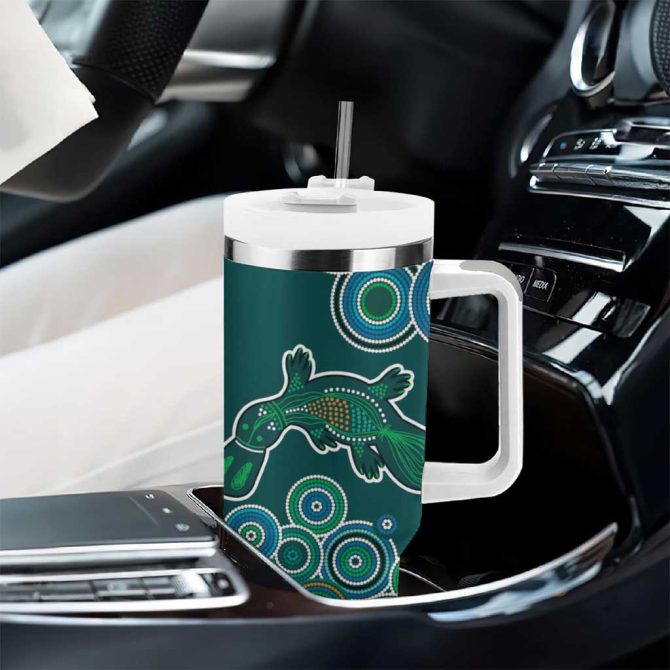 Green Platypus Aboriginal Art Custom Stanley Quencher 40Oz Stainless Steel Tumbler With Handle - Image 8