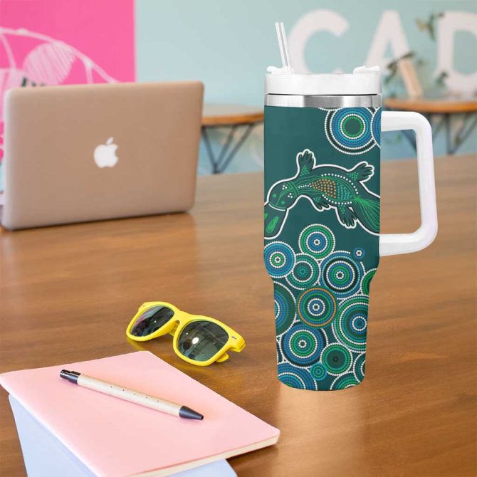 Green Platypus Aboriginal Art Custom Stanley Quencher 40Oz Stainless Steel Tumbler With Handle - Image 5