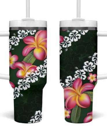 Green Polynesia Plumeria With Hibiscus Tropical Custom Stanley Quencher 40Oz Stainless Steel Tumbler With Handle