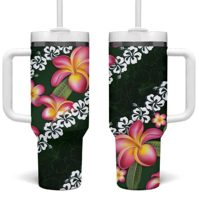 Green Polynesia Plumeria With Hibiscus Tropical Custom Stanley Quencher 40Oz Stainless Steel Tumbler With Handle