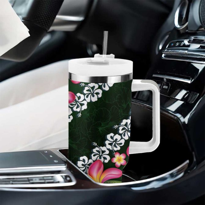 Green Polynesia Plumeria With Hibiscus Tropical Custom Stanley Quencher 40Oz Stainless Steel Tumbler With Handle - Image 8