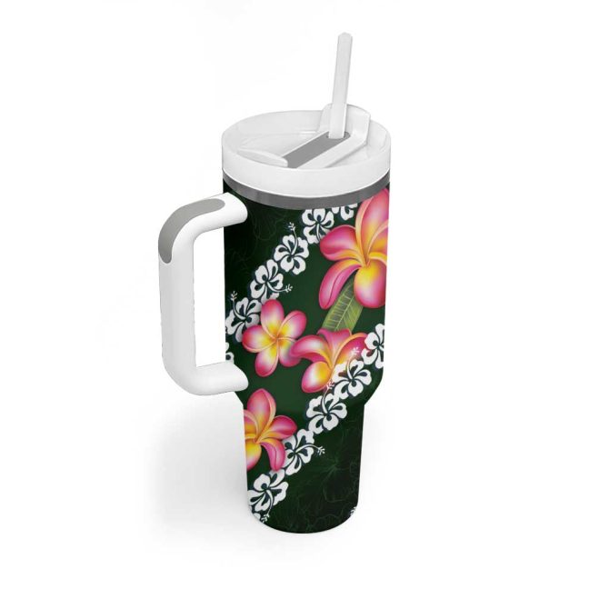 Green Polynesia Plumeria With Hibiscus Tropical Custom Stanley Quencher 40Oz Stainless Steel Tumbler With Handle - Image 2