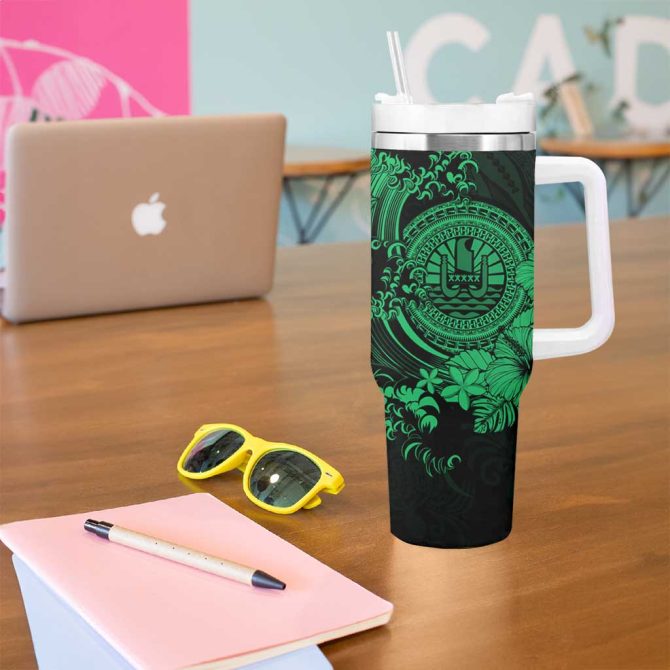 Green Polynesian Tahiti Island The Wave Of Water Custom Stanley Quencher 40Oz Stainless Steel Tumbler With Handle - Image 5