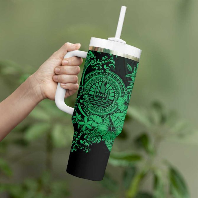 Green Polynesian Tahiti Island The Wave Of Water Custom Stanley Quencher 40Oz Stainless Steel Tumbler With Handle - Image 3